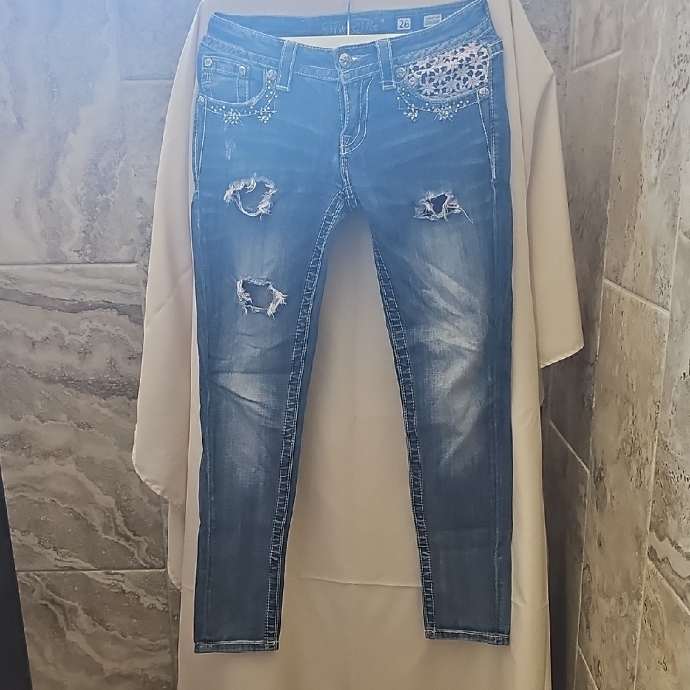 Miss Me Blue Skinny Jeans with Distressed Design